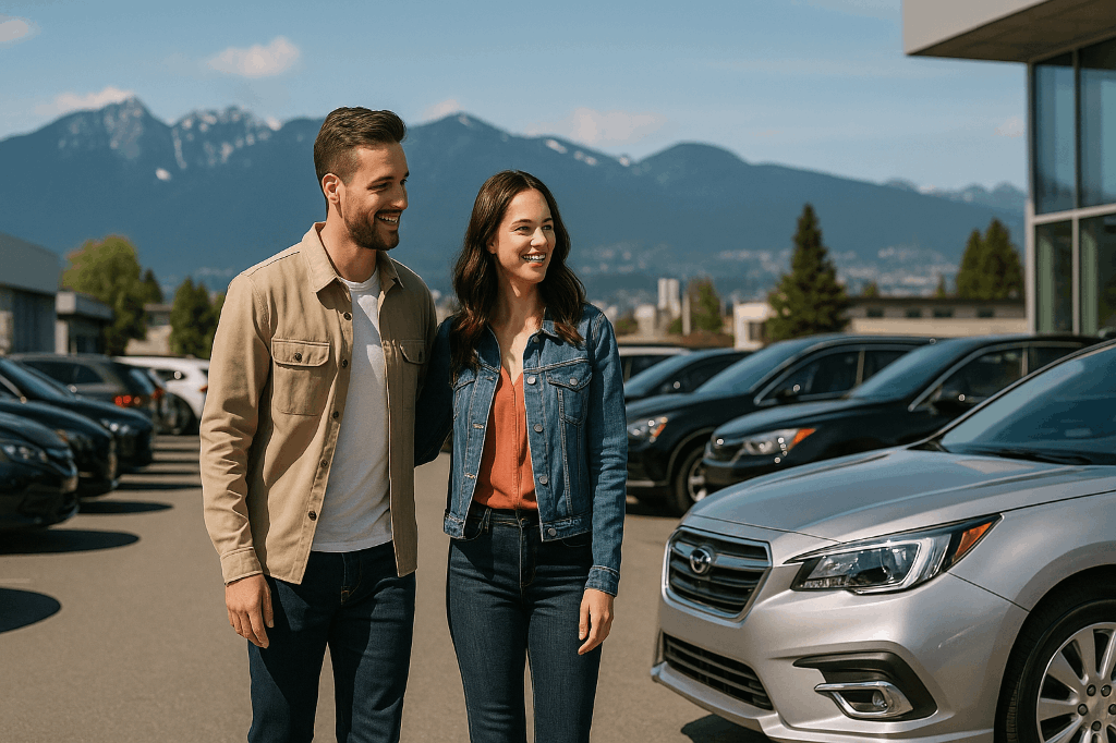 Couple shopping for used cars at a Vancouver dealership with mountain backdrop