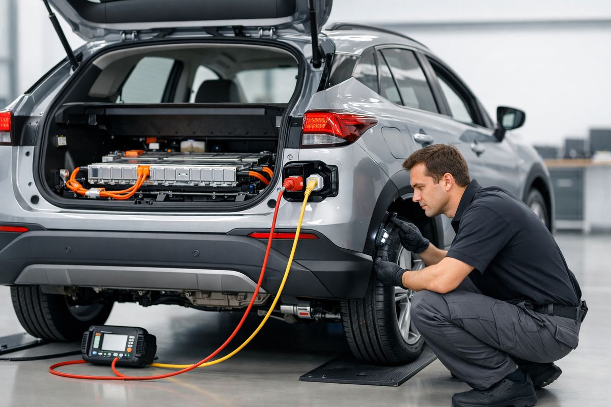 A hybrid or electric vehicle parked in a repair bay with its battery area exposed, diagnostic cables connected near the charging port, and a technician inspecting the underbody and cooling components beside the rear wheels
