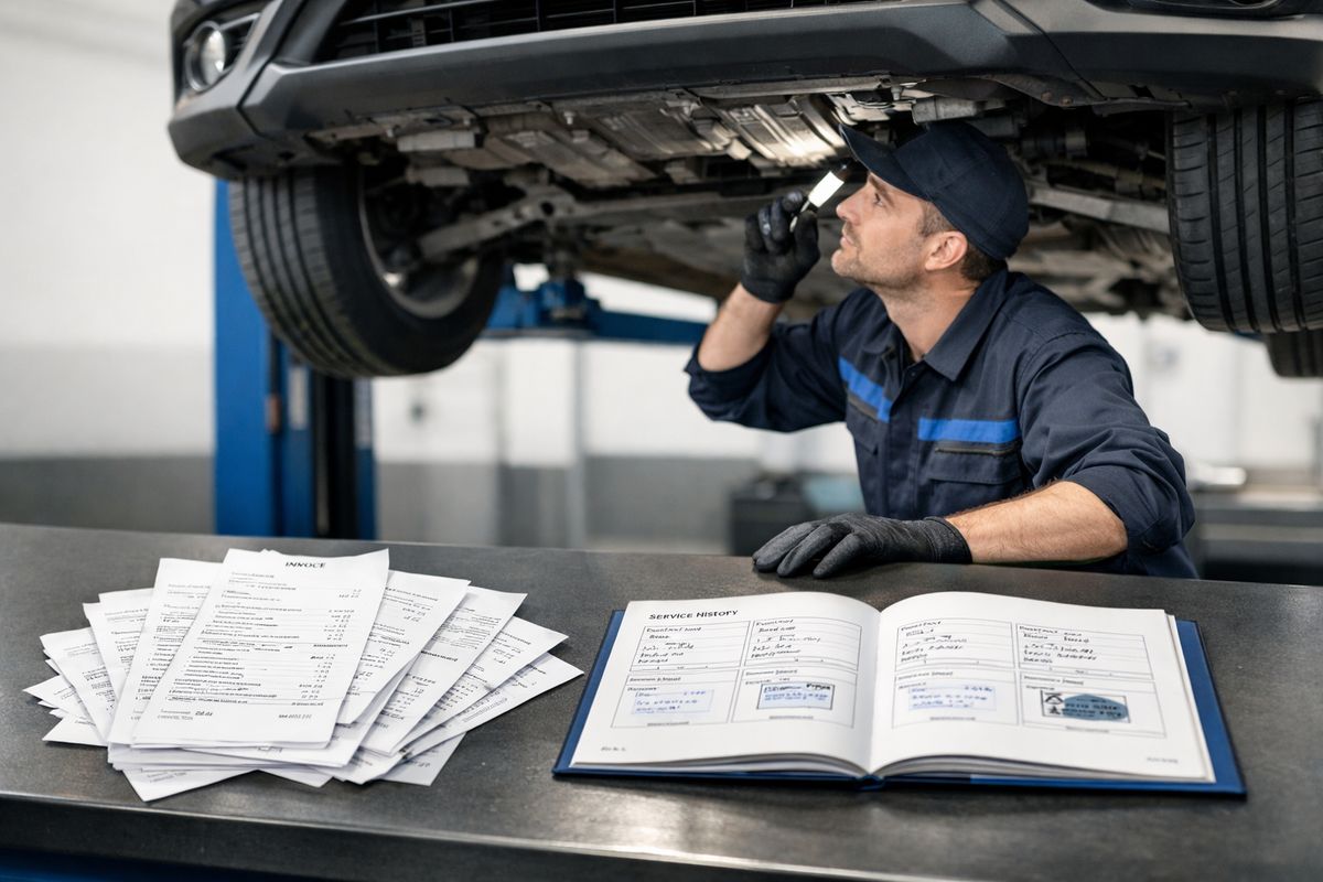 A close-up of a used car being examined on a mechanic’s lift, with a stack of maintenance receipts spread on a workbench, an open service booklet, and a mechanic checking the underside for leaks and rust while looking over the engine bay.
