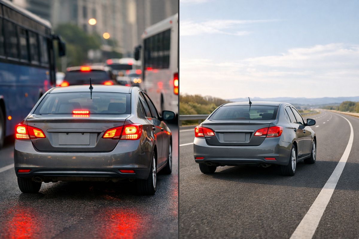 Two used cars parked side by side on a roadside shoulder: one is a compact sedan crawling through dense city traffic with brake lights glowing and buses around it, while the other is a similar sedan cruising smoothly on an open highway with clear lanes and steady movement, showing the contrast between city miles and highway miles.