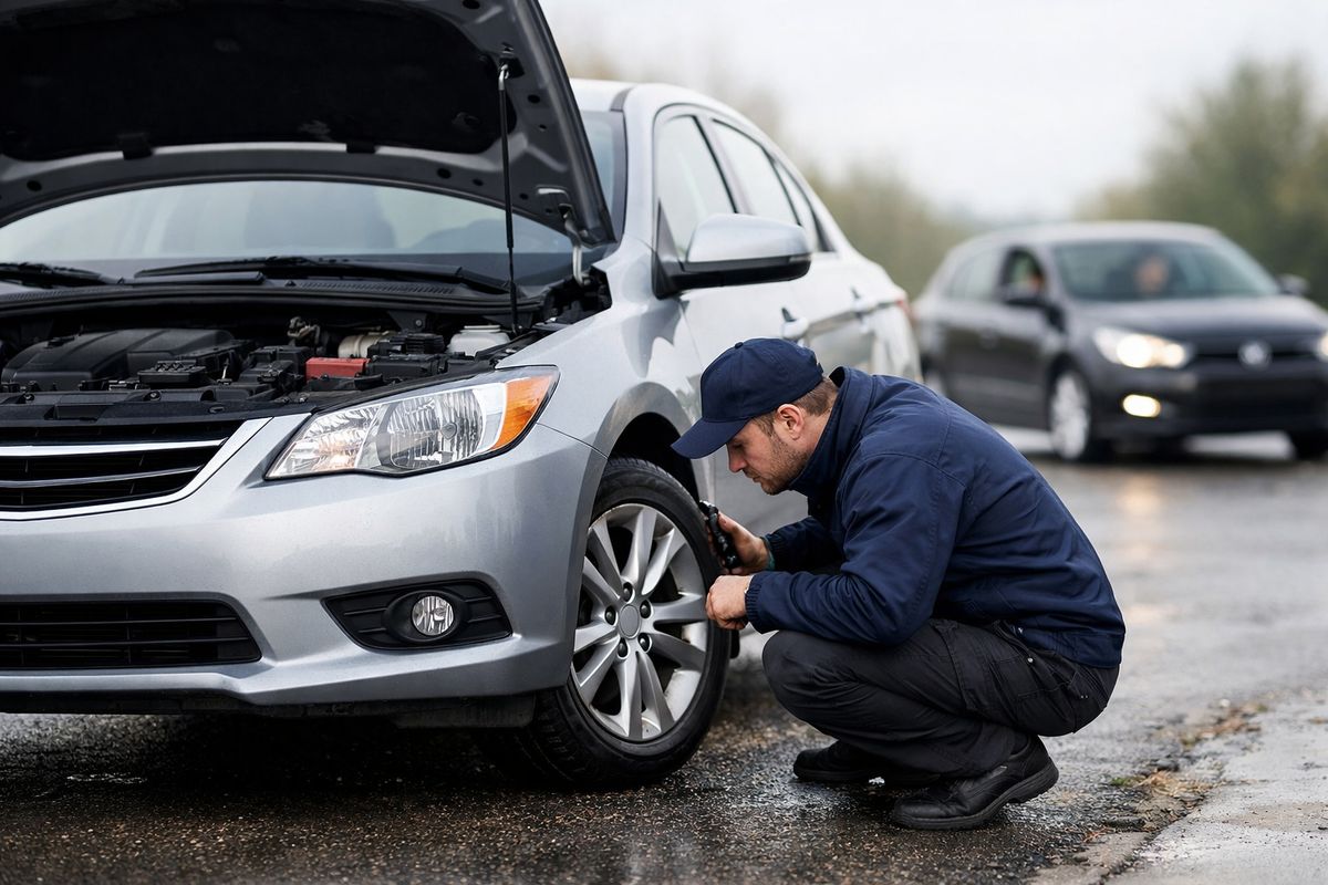 A used car on a damp roadside being inspected at close range with the hood open, one front wheel turned slightly to the side, and a technician crouched near the tire while another person takes the car on a short test drive in the background