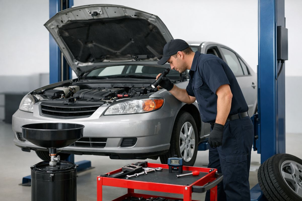 A mechanic standing beside a used sedan in a service bay, checking under the open hood with a flashlight while the car sits on a lift, with tools, an oil drip tray, and a tire tread gauge nearby