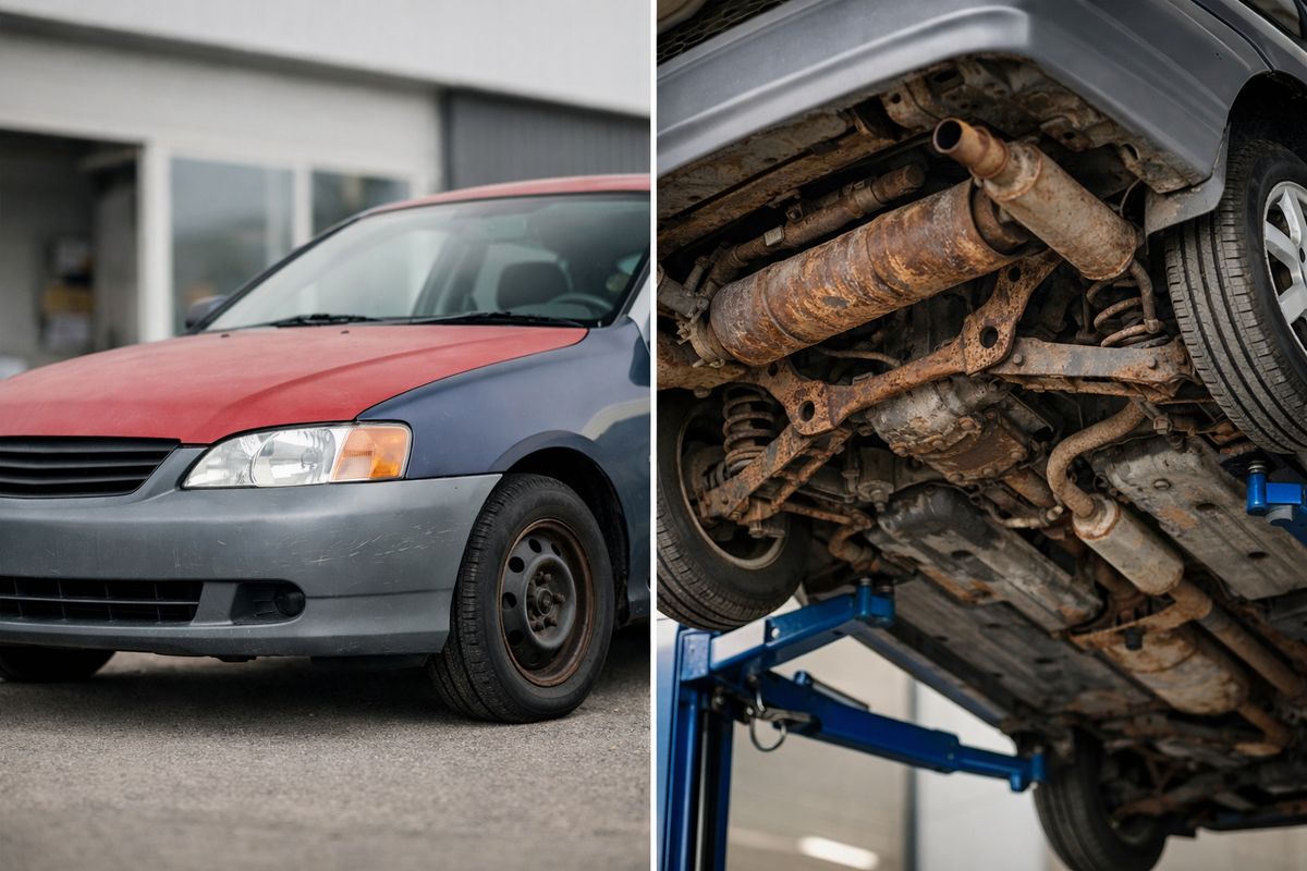 A split-style scene of a used car being inspected: one view of the exterior with mismatched body panels and a slightly different-colored bumper, and another view underneath on a lift showing rust, suspension parts, and the exhaust system