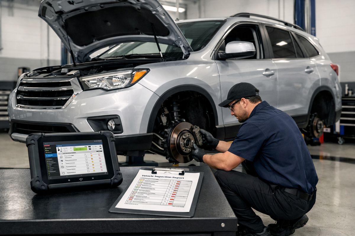 A used SUV in a service bay with its hood open, one front wheel removed, and a mechanic checking brake rotors and suspension components underneath while a tablet-style scan tool and printed inspection checklist sit on a workbench nearby