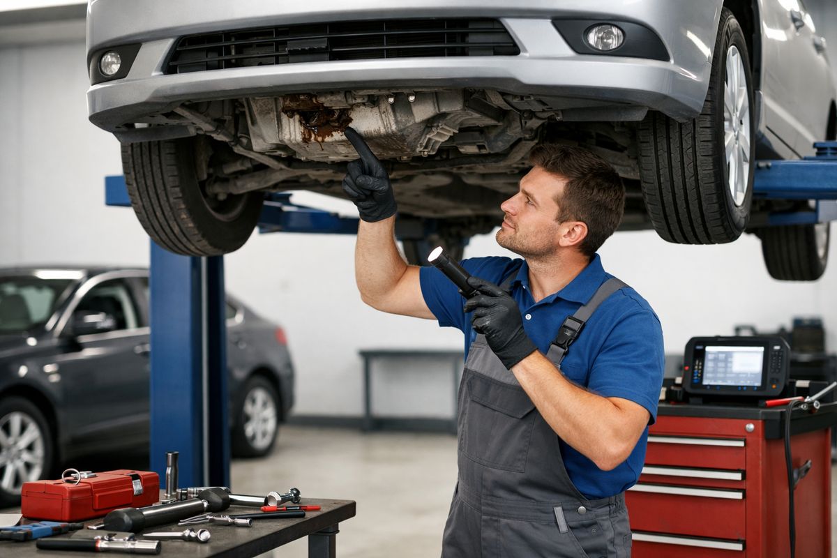 A mechanic standing beside a used sedan on a lift in an auto shop, pointing to oil stains on the engine bay while inspecting the underside with a flashlight, with scattered tools, a diagnostic scanner, and another parked car in the background