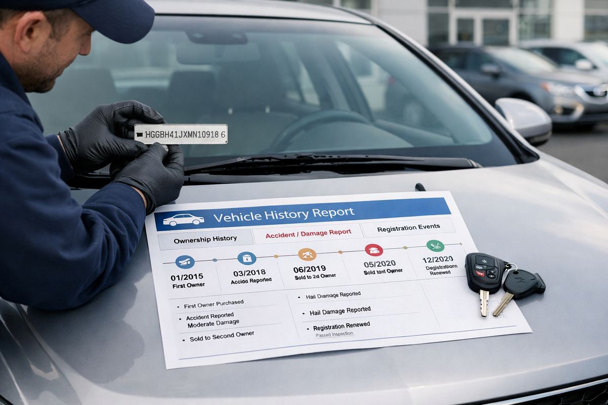 A used sedan parked in a dealership lot with a mechanic holding a VIN plate near the windshield and a printed vehicle history report spread across the hood, showing a timeline of ownership, damage records, and registration events beside the car keys
